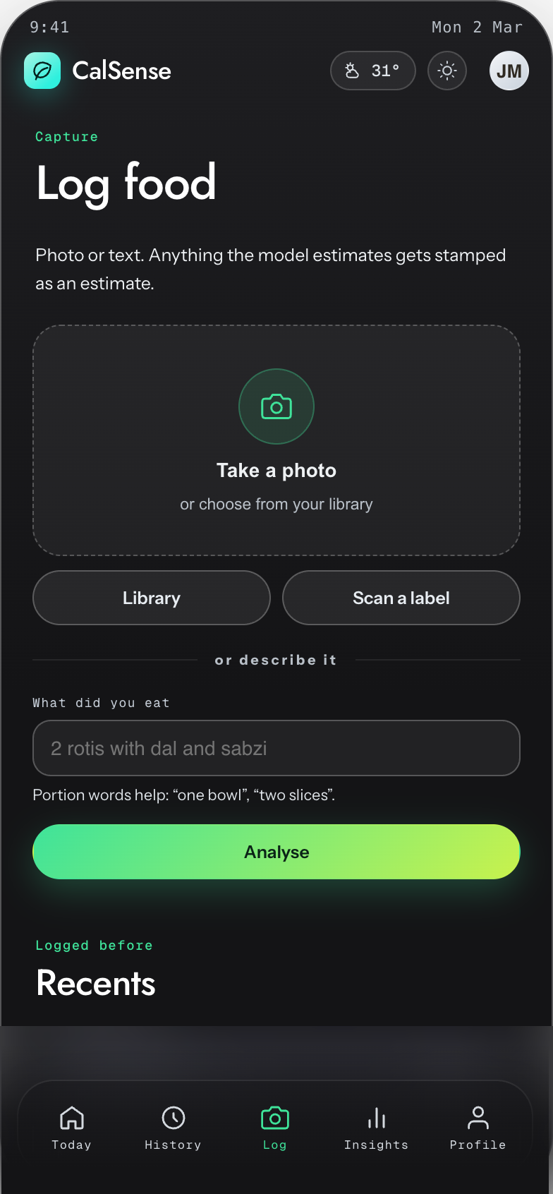 Calsense Log screen — take a photo, choose from your library, or describe the meal