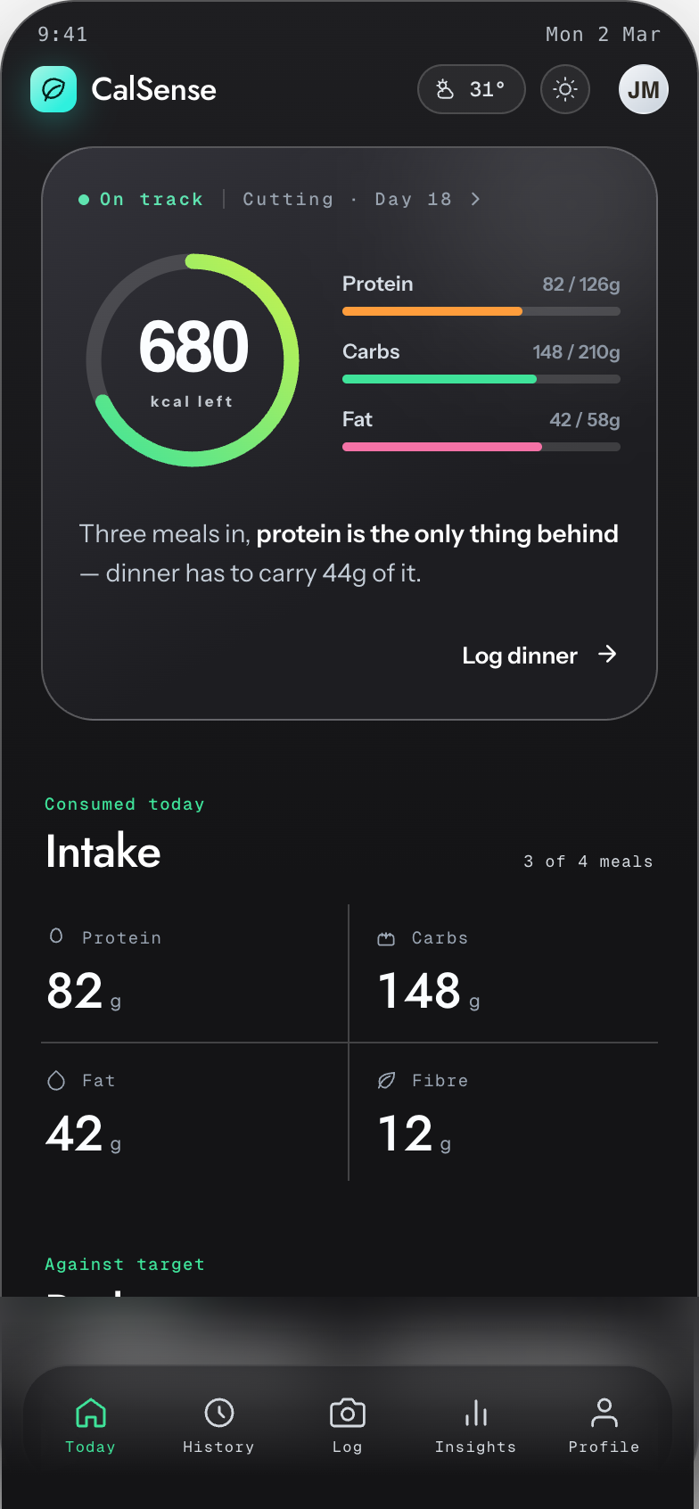 Calsense Today screen — calories left, macros against target, and the day's intake